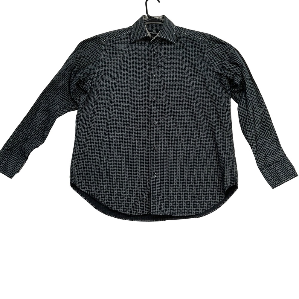 Bugatchi Uomo Mens Small Black White Geometric Circle Print Cotton Button Down